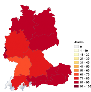 Relative Auftretenshäufigkeit von -landes innerhalb der einzelnen Areale im Verhältnis zu -lands (in %)
