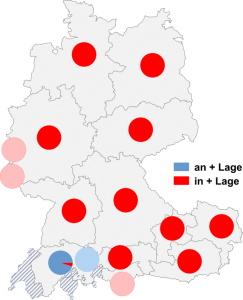 Relative Auftretenshäufigkeit von an + Lage / in + Lage innerhalb der einzelnen Areale