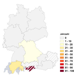 Relative Auftretenshäufigkeit von Jahrzahl innerhalb der einzelnen Areale im Verhältnis zu Jahreszahl (in %)