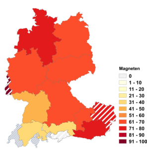 Relative Auftretenshäufigkeit von Magneten innerhalb der einzelnen Areale im Verhältnis zu Magnete (in %)
