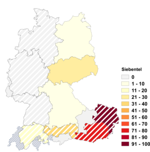 Relative Auftretenshäufigkeit von Siebentel innerhalb der einzelnen Areale im Verhältnis zu Siebtel (in %)