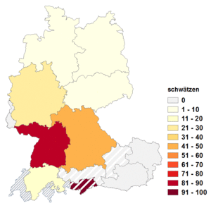 Relative Auftretenshäufigkeit von schwätzen innerhalb der einzelnen Areale im Verhältnis zu schwatzen (in %)