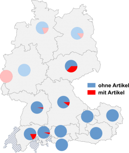 Relative Auftretenshäufigkeit von Vorarlberg ohne Artikel / Vorarlberg mit Artikel innerhalb der einzelnen Areale