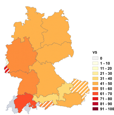 Relative Auftretenshäufigkeit von VS innerhalb der einzelnen Areale im Verhältnis zu ZS und NS (in %)