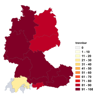 Relative Auftretenshäufigkeit der trennbaren Verwendungsweise innerhalb der einzelnen Areale im Verhältnis zur untrennbaren Verwendungsweise (in %)