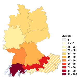 Relative Auftretenshäufigkeit von Zürcher innerhalb der einzelnen Areale im Verhältnis zu Züricher (in %)