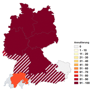 Relative Auftretenshäufigkeit von Annullierung innerhalb der einzelnen Areale im Verhältnis zu Annullation (in %)