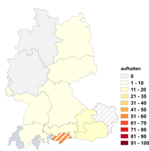 Relative Auftretenshäufigkeit von aufhalten innerhalb der einzelnen Areale im Verhältnis zu anhalten (in %)