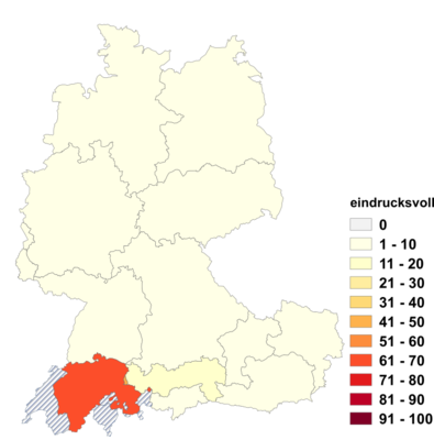 Relative Auftretenshäufigkeit von eindrucksvoll innerhalb der einzelnen Areale im Verhältnis zu beeindruckend und eindrücklich (in %)