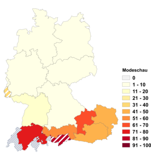 Relative Auftretenshäufigkeit von Modeschau innerhalb der einzelnen Areale im Verhältnis zu Modenschau (in %)