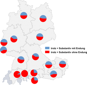 Relative Auftretenshäufigkeit von trotz + Substantiv mit Endung -(e)s / trotz + Substantiv ohne Endung -(e)s innerhalb der einzelnen Areale