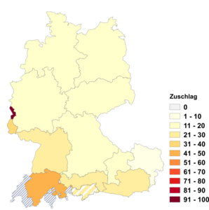 Relative Auftretenshäufigkeit von Zuschlag innerhalb der einzelnen Areale im Verhältnis zu Aufschlag (in %)