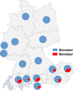 Relative Auftretenshäufigkeit von Benutzer / Benützer innerhalb der einzelnen Areale