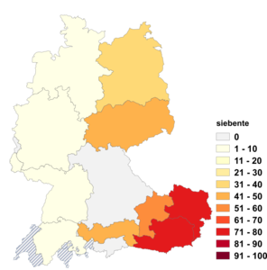 Relative Auftretenshäufigkeit von siebente innerhalb der einzelnen Areale im Verhältnis zu siebte (in %)