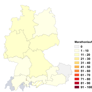 Relative Auftretenshäufigkeit von Marathonlauf innerhalb der einzelnen Areale im Verhältnis zu Marathon (in %)