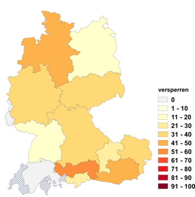 Relative Auftretenshäufigkeit von versperren innerhalb der einzelnen Areale im Verhältnis zu absperren und zusperren (in %)