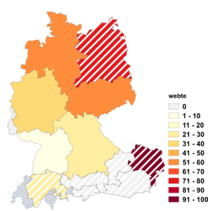 Relative Auftretenshäufigkeit von webte innerhalb der einzelnen Areale im Verhältnis zu wob (in %)