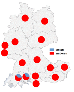 Relative Auftretenshäufigkeit von amten / amtieren innerhalb der einzelnen Areale