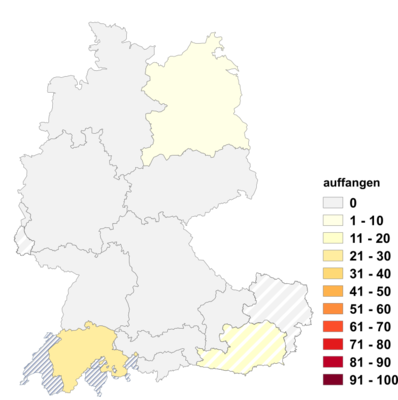 Relative Auftretenshäufigkeit von auffangen innerhalb der einzelnen Areale im Verhältnis zu erfangen und fangen (in %)