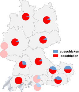 Relative Auftretenshäufigkeit von ausschicken / losschicken innerhalb der einzelnen Areale