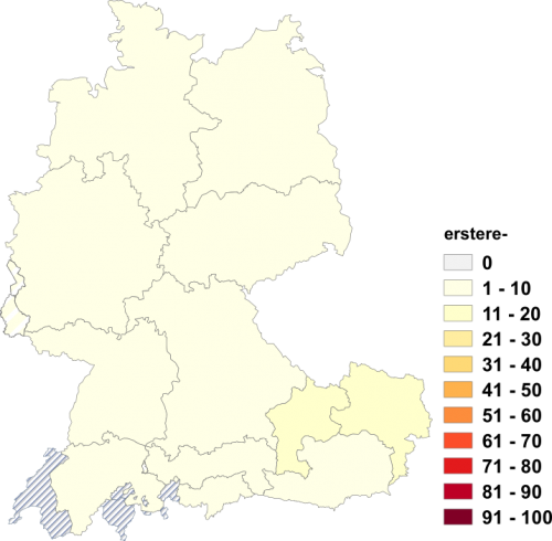 Relative Auftretenshäufigkeit von erstere- innerhalb der einzelnen Areale im Verhältnis zum Gesamtvorkommen in allen Arealen (in %)