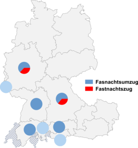 Relative Auftretenshäufigkeit von Fasnachtsumzug / Fastnachtszug innerhalb der einzelnen Areale