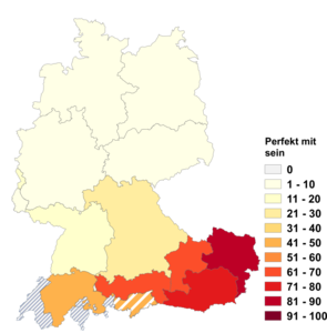 Relative Auftretenshäufigkeit von Perfekt mit sein innerhalb der einzelnen Areale im Verhältnis zu Perfekt mit haben (in %)