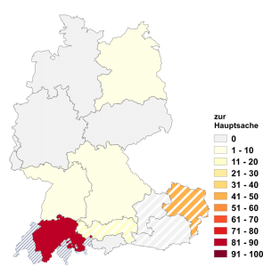 Relative Auftretenshäufigkeit von zur Hauptsache innerhalb der einzelnen Areale im Verhältnis zu in der Hauptsache (in %)