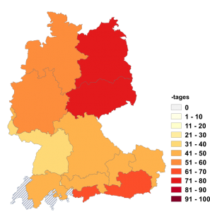 Relative Auftretenshäufigkeit von -tages innerhalb der einzelnen Areale im Verhältnis zu -tags (in %)