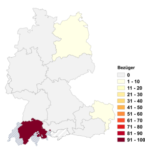 Relative Auftretenshäufigkeit von Bezüger innerhalb der einzelnen Areale im Verhältnis zu Bezieher (in %)
