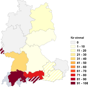 Relative Auftretenshäufigkeit von für einmal innerhalb der einzelnen Areale im Verhältnis zu ausnahmsweise einmal (in %)
