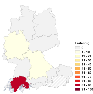 Relative Auftretenshäufigkeit von Lastenzug innerhalb der einzelnen Areale im Verhältnis zu Lastzug (in %)