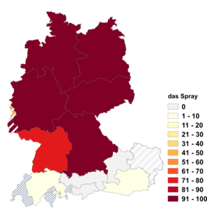 Relative Auftretenshäufigkeit von das Spray innerhalb der einzelnen Areale im Verhältnis zu der Spray (in %)
