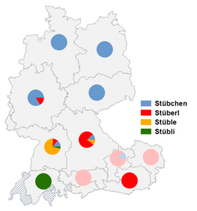 Relative Auftretenshäufigkeit von Stübchen / Stüberl / Stüble und Stübli innerhalb der einzelnen Areale