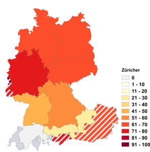 Relative Auftretenshäufigkeit von Züricher innerhalb der einzelnen Areale im Verhältnis zu Zürcher (in %)