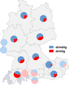 Relative Auftretenshäufigkeit von -ärmelig / -ärmlig innerhalb der einzelnen Areale