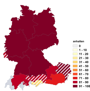 Relative Auftretenshäufigkeit von anhalten innerhalb der einzelnen Areale im Verhältnis zu aufhalten (in %)