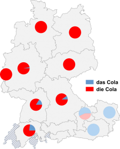 Relative Auftretenshäufigkeit von das Cola / die Cola innerhalb der einzelnen Areale
