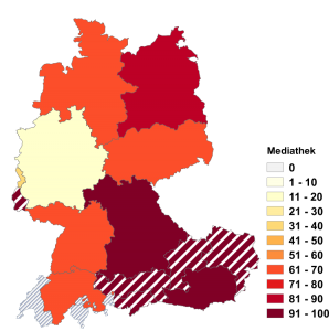 Relative Auftretenshäufigkeit von Mediathek innerhalb der einzelnen Areale im Verhältnis zu Mediothek (in %)