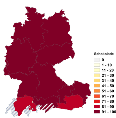 Relative Auftretenshäufigkeit von Schokolade innerhalb der einzelnen Areale im Verhältnis zu Schoggi und Schoko (in %)