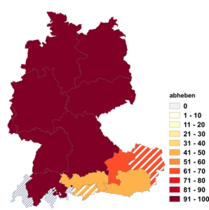 Relative Auftretenshäufigkeit von abheben innerhalb der einzelnen Areale im Verhältnis zu beheben (in %)