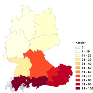 Relative Auftretenshäufigkeit von Kassier innerhalb der einzelnen Areale im Verhältnis zu Kassierer (in %)
