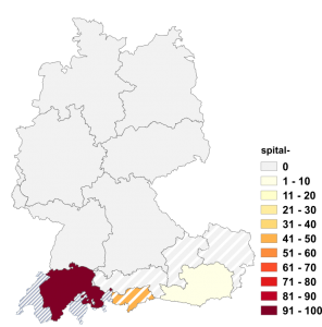 Relative Auftretenshäufigkeit von spital- innerhalb der einzelnen Areale im Verhältnis zu spitals- (in %)