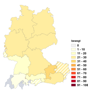 Relative Auftretenshäufigkeit von bewegt innerhalb der einzelnen Areale im Verhältnis zu bewogen (in %)