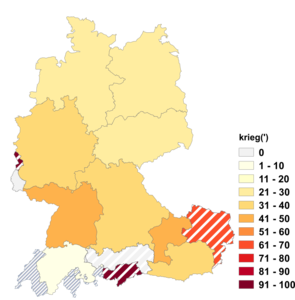Relative Auftretenshäufigkeit von krieg(') innerhalb der einzelnen Areale im Verhältnis zu kriege (in %)