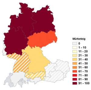 Relative Auftretenshäufigkeit von Mürbeteig innerhalb der einzelnen Areale im Verhältnis zu Mürbteig (in %)