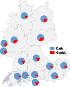 Relative Auftretenshäufigkeit von Dativ / Genitiv bei entgegen, gemäß, mitsamt, nahe und samt innerhalb der einzelnen Areale