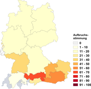 Relative Auftretenshäufigkeit von Aufbruchsstimmung innerhalb der einzelnen Areale im Verhältnis zu Aufbruchstimmung (in %)