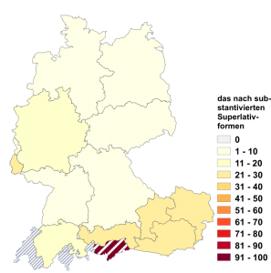 Relative Auftretenshäufigkeit von das nach substantivierten Superlativformen innerhalb der einzelnen Areale im Verhältnis zu was nach substantivierten Superlativformen (in %)
