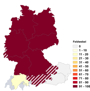 Relative Auftretenshäufigkeit von Feldwebel innerhalb der einzelnen Areale im Verhältnis zu Feldweibel (in %)